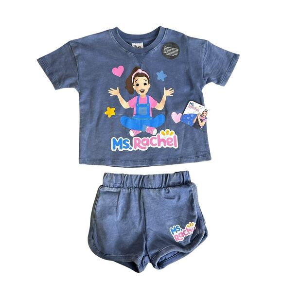 Ms. Rachel Toddler Girl Washed Crewneck Top and Short Set 4T Blue Cute Summer - Picture 1 of 7